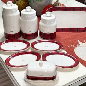 Rae Dunn red and black plaid Christmas Christmas canister set of 9 pieces.